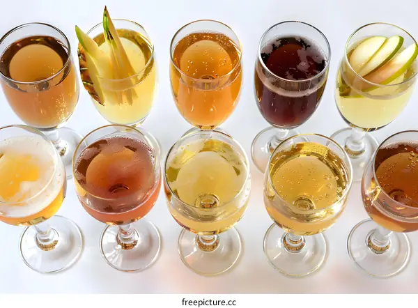 Variety of Apple Cider in Wine Glasses on White Table