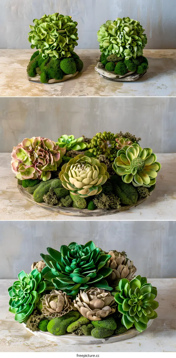 Artificial Succulents and Moss Arrangement on Wooden Plate