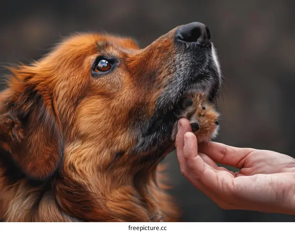 A ginger dog looking up at a person's hand with its paw in it