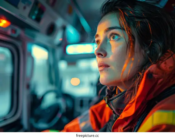 Portrait of a female paramedic looking out the window of an ambulance