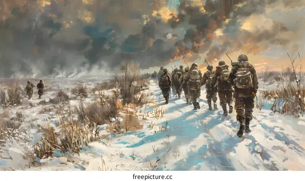 A group of soldiers walking through a snowy field during the Korean War