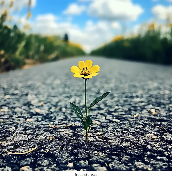 Resilient Yellow Flower in Asphalt Path