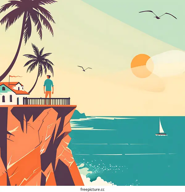 Man Looking At Ocean From Cliffside House