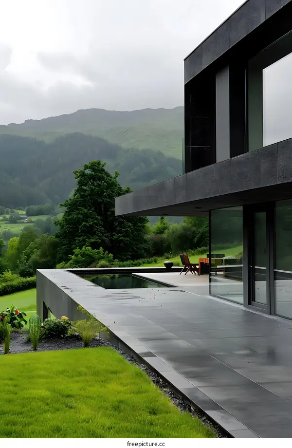 Modern Black House with Swimming Pool and Mountain View