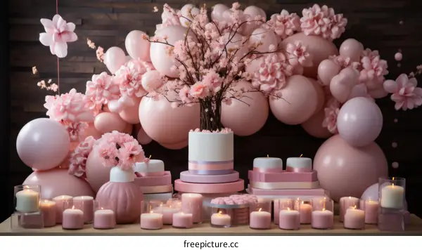 Pink and white birthday party decoration with a cherry blossom tree