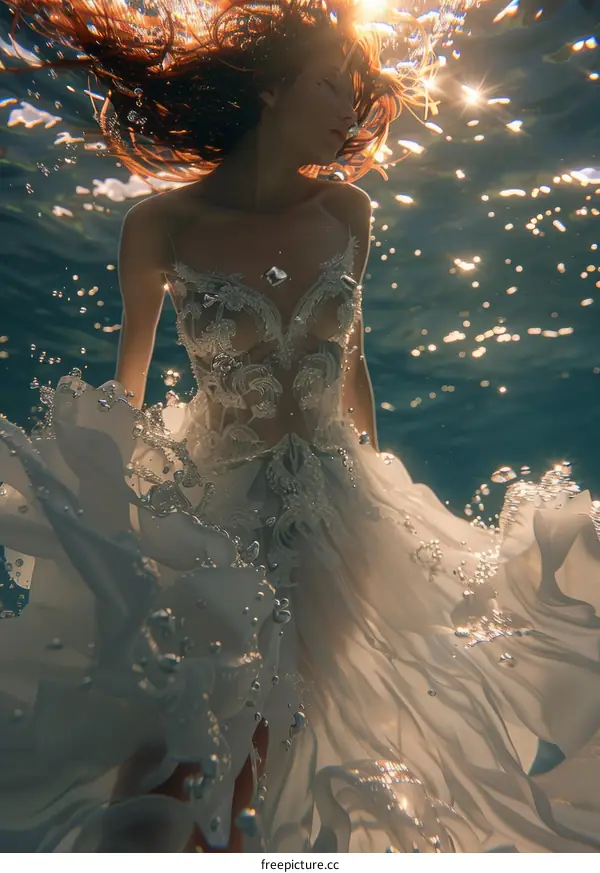 ethereal underwater photoshoot of a woman wearing a wedding dress