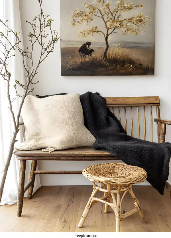 Wooden Bench with White Pillow and Blanket in a Scandinavian Style Living Room