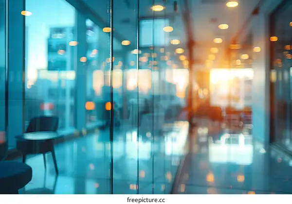 Abstract blurred background of modern office interior with glass wall and reflections