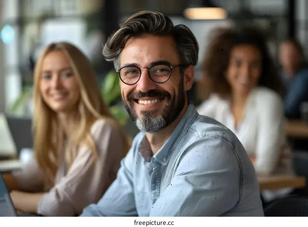 portrait of a smiling bearded man in glasses with two women in the background
