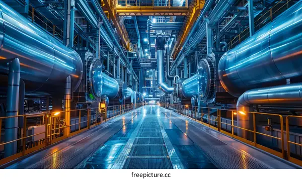 The intricate network of pipes and vessels in an industrial setting