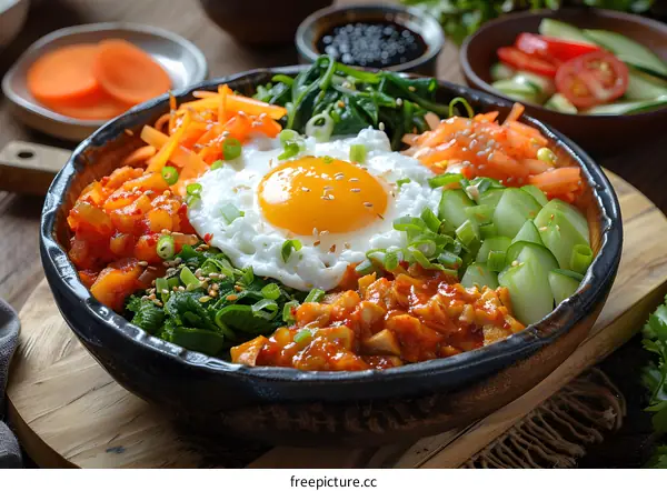 korean food dish with rice, egg and vegetables