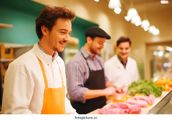 Three Caucasian Butchers Displaying Fresh Meat
