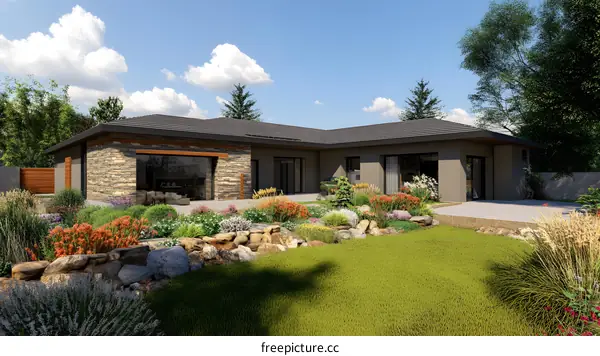 Modern House with Stone Wall and Backyard Landscape