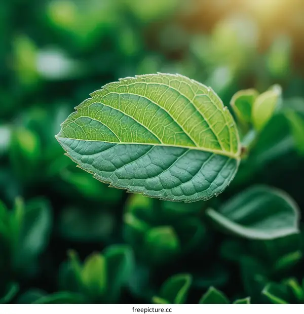 A Close-up of a Single Green Leaf with Veins Showing