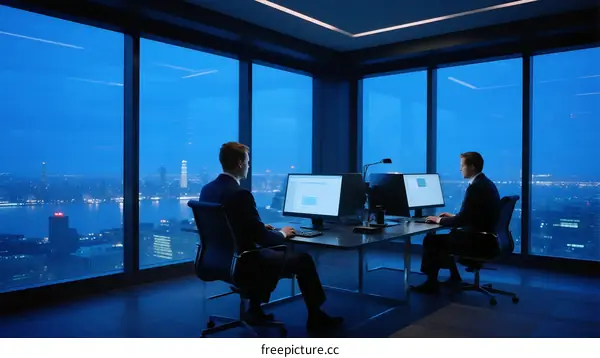 Two Businessmen Working Late in Modern Office with City View