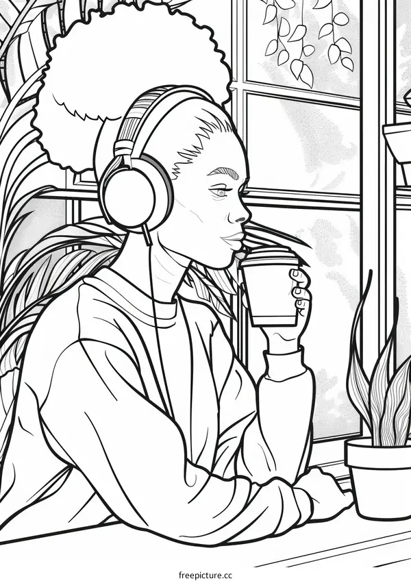 A black woman is drinking coffee and listening to music