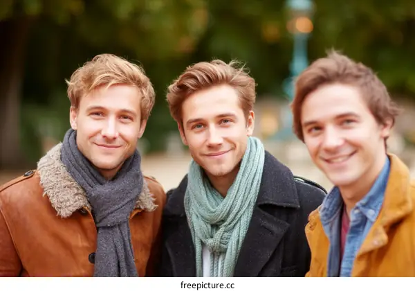 Three Caucasian Men Outdoors in Autumnal Settings