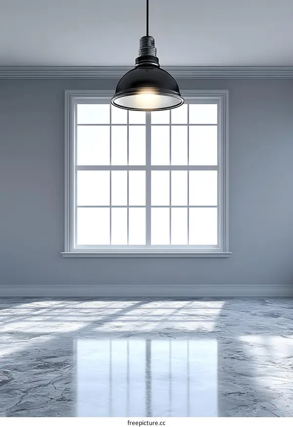 Black Pendant Light Hanging Over Window in Empty Room