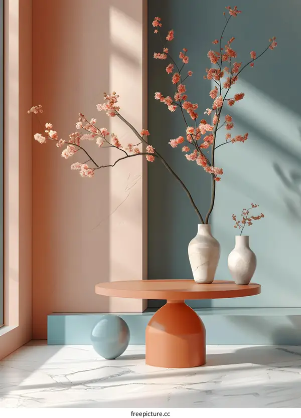 Minimalist Interior Design with Peach and Teal Walls and a Flower Arrangement