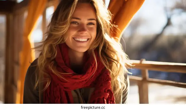 portrait of a smiling young woman with long blond hair wearing a red scarf