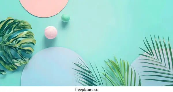 Tropical Summer Leaves Background With Pastel Circles