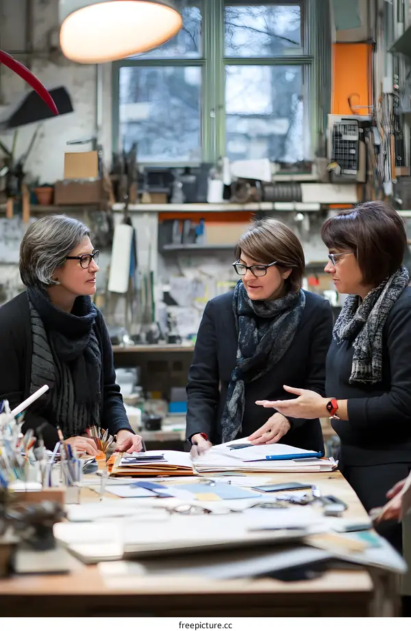 Three Businesswomen Discussing Documents at a Workshop Table