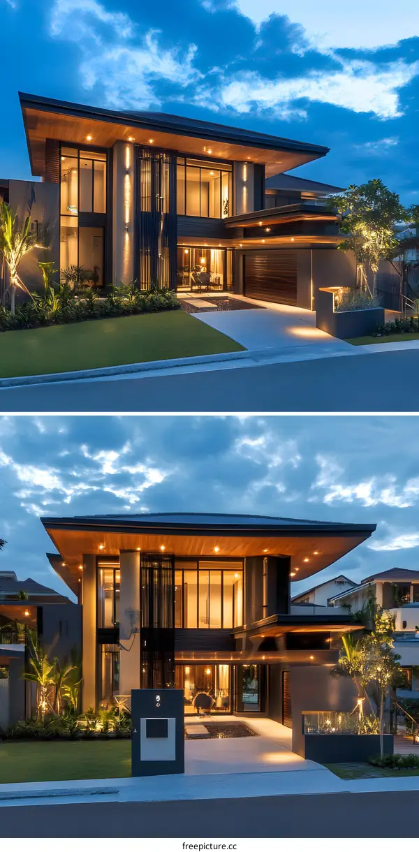 Modern Luxury Home Exterior Design with Night Lighting