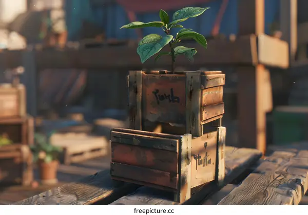 Small Plant Growing in Wooden Crate