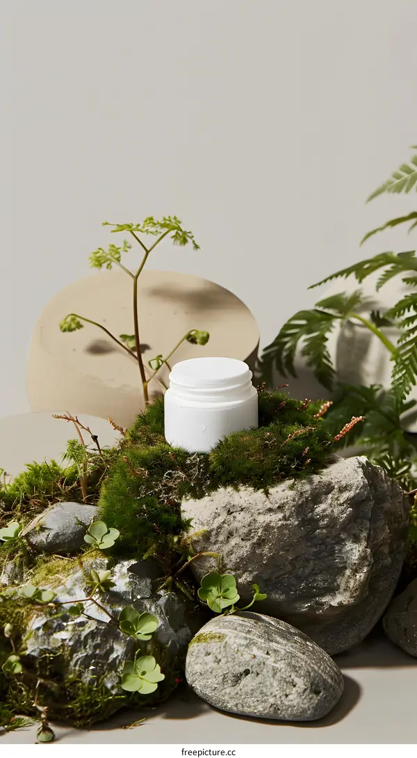 White Jar Surrounded by Rocks Moss and Green Plants
