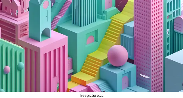 A 3D illustration of a colorful city with stairs and geometric shapes