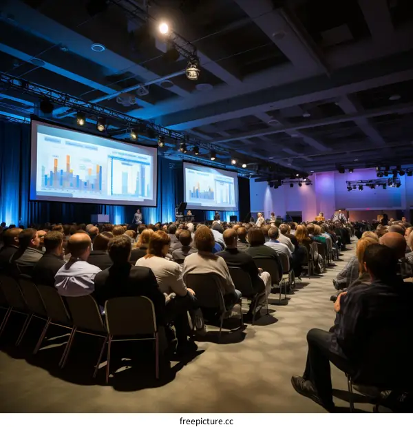Business conference attendees watching presentation on large screens