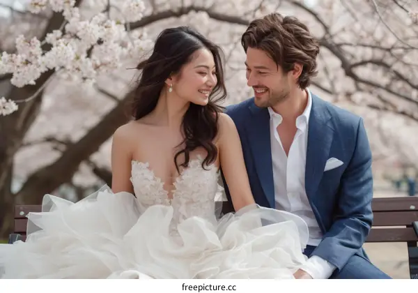 Asian bride and caucasian groom sitting on a bench in a park with cherry blossoms