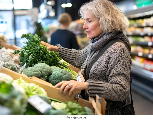 Woman Picking Fresh Parsley in Grocery Store