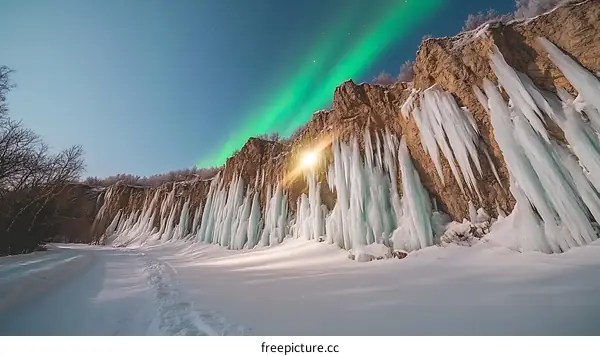 Frozen Waterfall With Aurora Borealis