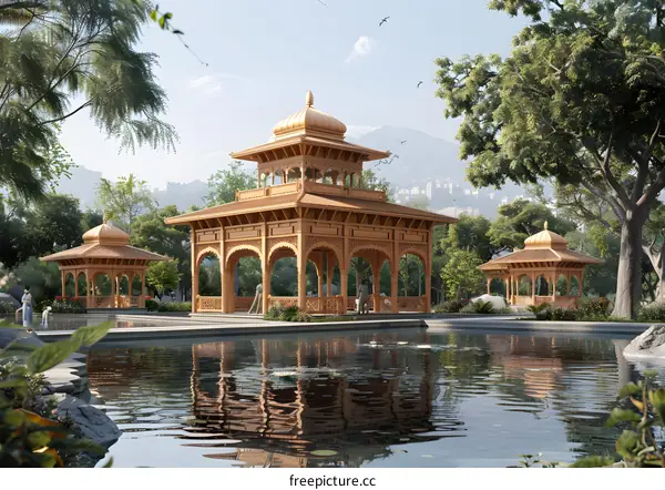 A beautiful park with a pond and a pavilion.