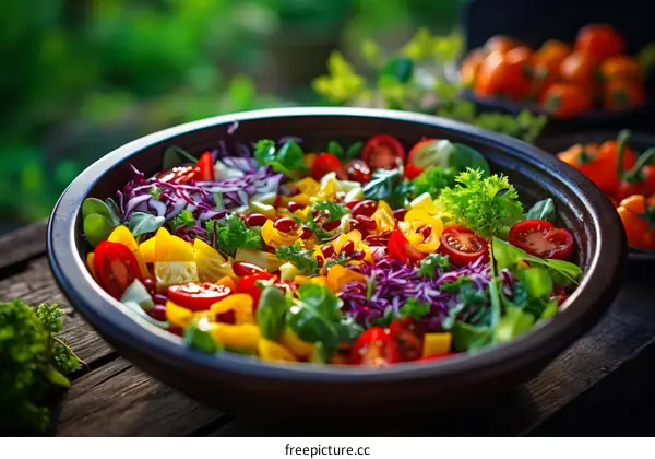 Colorful Salad Bowl with Fresh Vegetables and Fruits