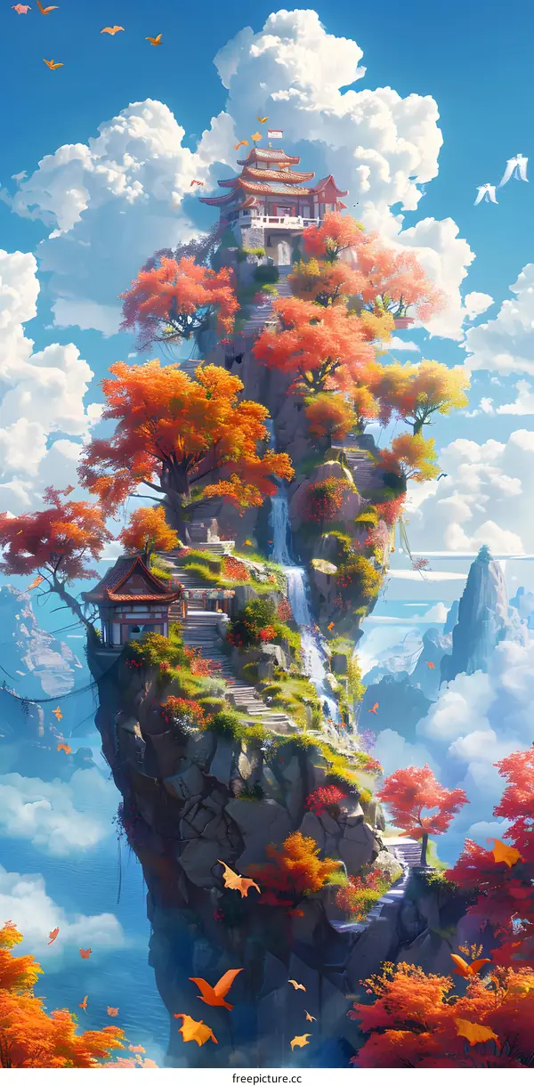 Fantasy landscape with floating islands and a waterfall