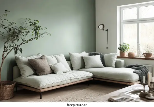 Modern Light Green Living Room with Sectional Sofa