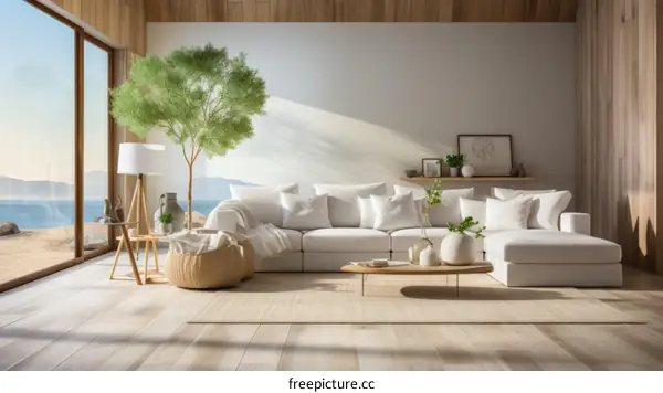 Modern coastal living room interior with large windows overlooking the ocean