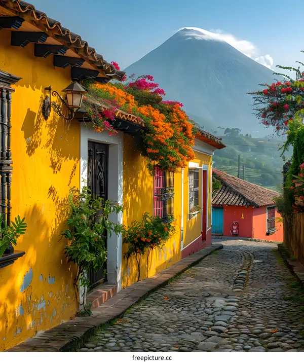 A cobblestone street in a small town with a large volcano in the background