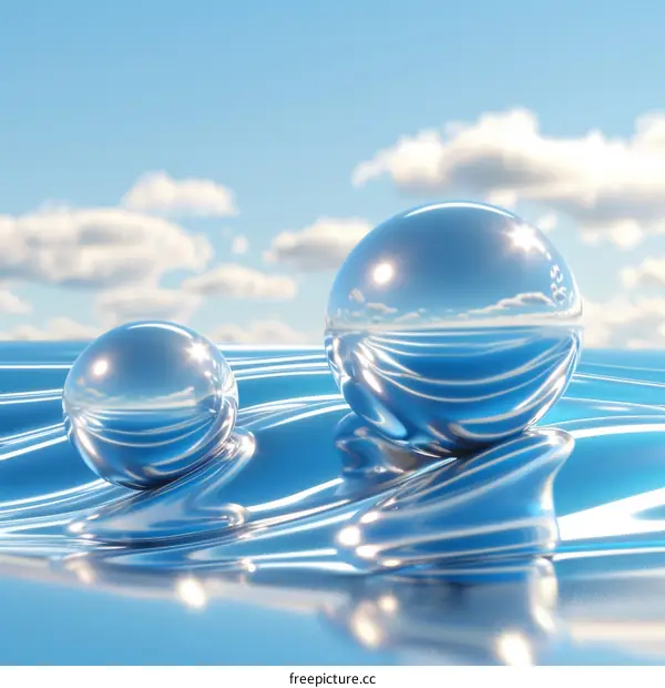 Two metal spheres float on a wavy liquid surface reflecting the sky