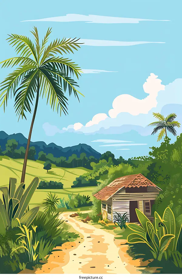 Tropical Landscape with Palm Trees and a Small House