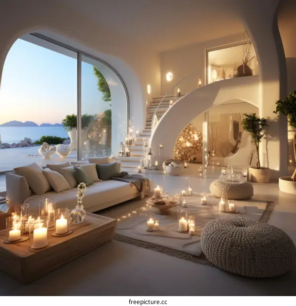 Modern minimalist interior design living room with large windows and ocean view