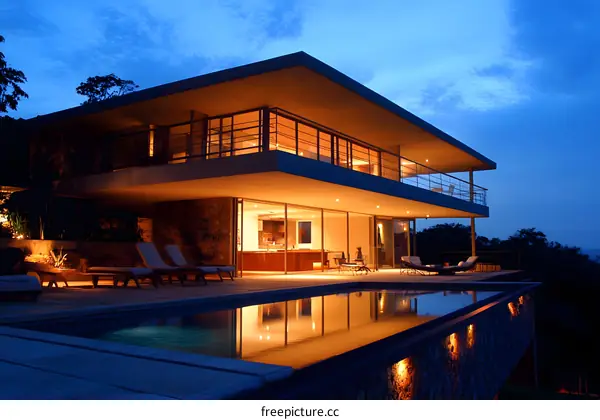 Modern Architecture House with Pool at Night