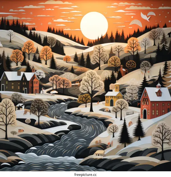 Snowy Village at Sunset with River