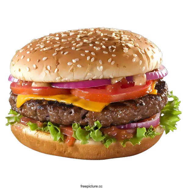 [Transparent Background PNG]Juicy Cheeseburger with Lettuce, Tomato and Onion