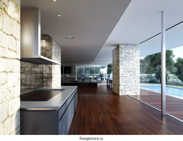 Modern Kitchen with Stone Walls and Pool View