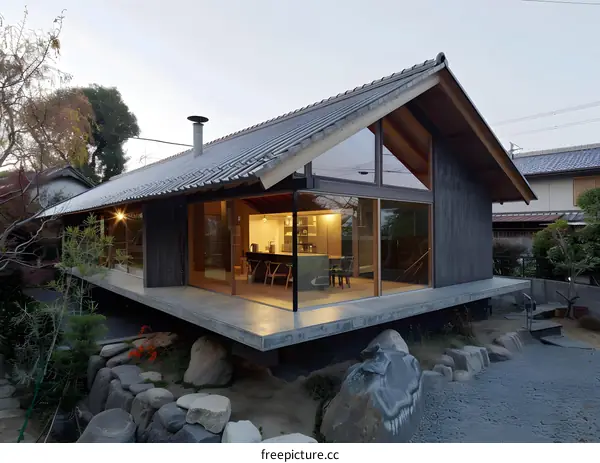 Modern Japanese House with Large Windows and a Concrete Patio