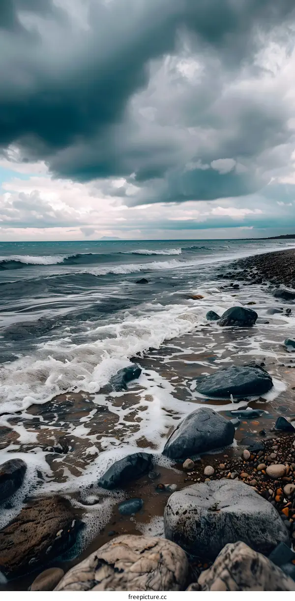 Seashore With Grey Cloudy Sky