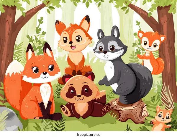 Cute Cartoon Animals in Forest Illustration